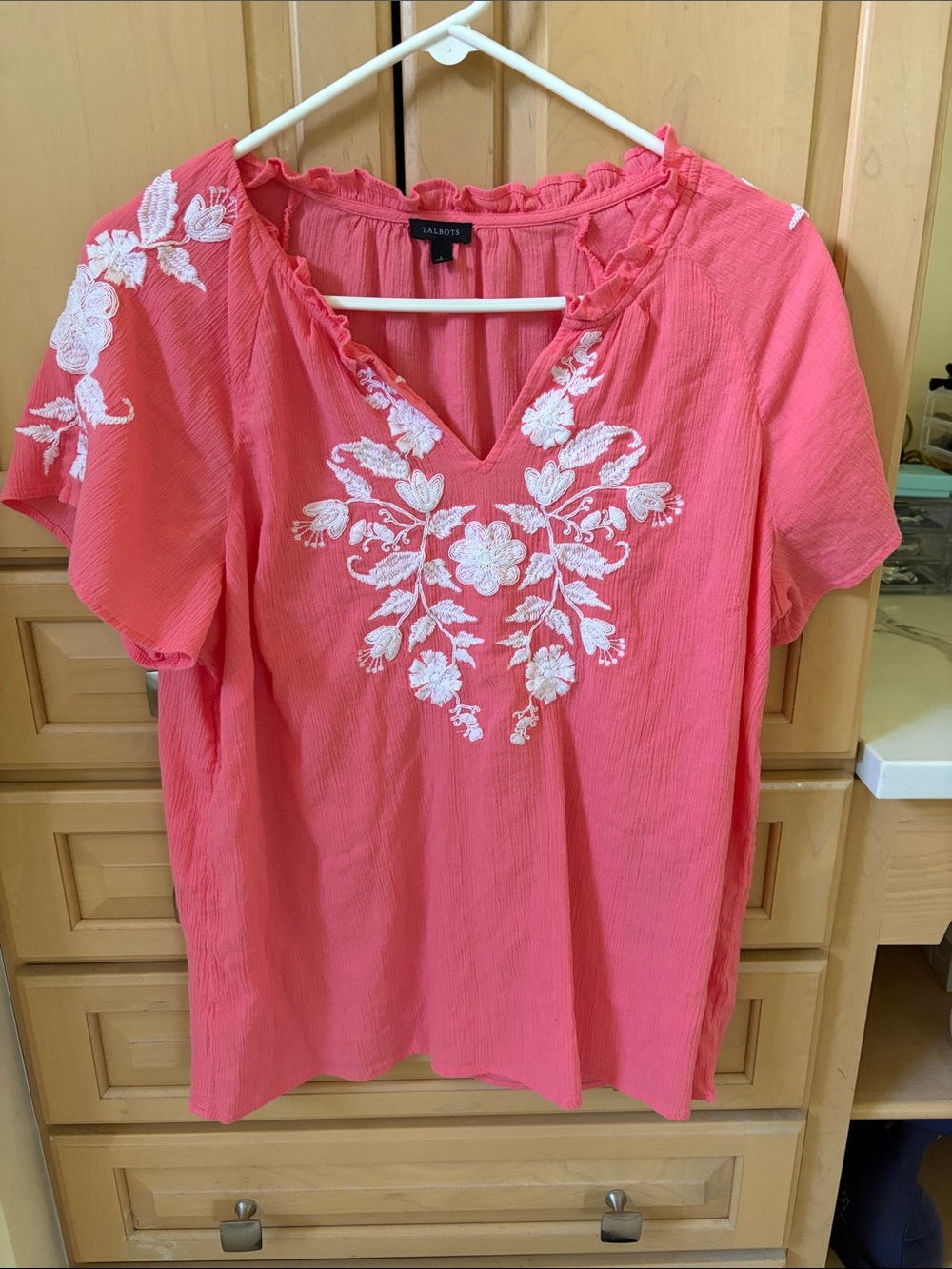 Talbots Coral Pink Short-Sleeve V-Neck Top with White Floral Embroidery